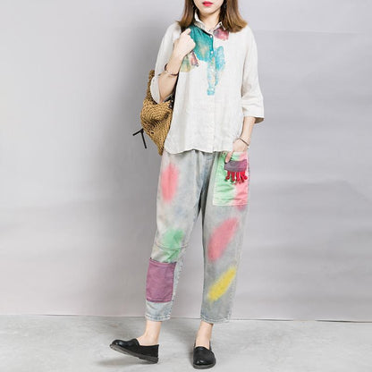 Casual Printing And Dyeing Frayed Jeans