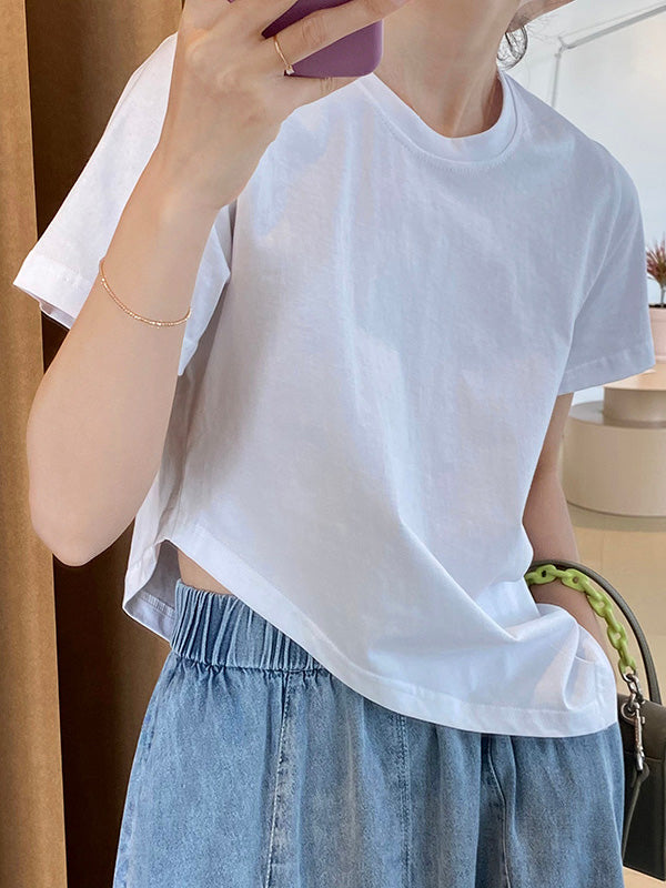 Casual Solid Color Asymmetric Round-Neck Short Sleeves T-Shirt