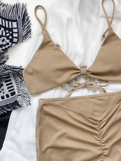 Solid Color Ribbed Bowknot Bikini Swimwear+Ruffled Cover-Ups Three-Pieces Set