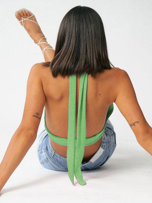 V-Neck Solid Color Halter-Neck Vest