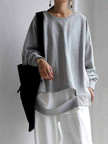 Casual Irregular Buttoned Solid Color Round-Neck Long Sleeves T-Shirt