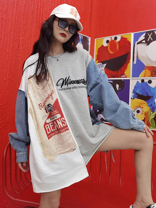 Stylish Contrast Color Letter Printed Round-Neck Batwing Sleeve Sweatshirts
