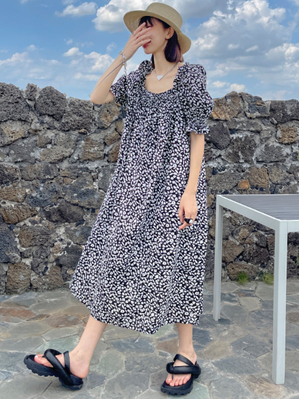 Fashion Floral Printed Square-Neck Puff Sleeves A-Line Midi Dress