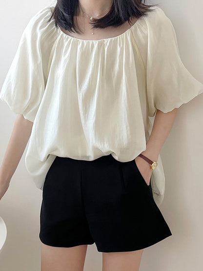 Urban Loose Solid Color Puff Sleeves Off-The-Shoulder T-Shirt