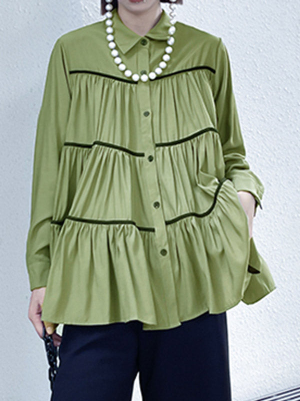 Original Buttoned Pleated Lapel Long Sleeves Blouse Tops