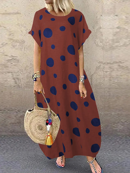 Casual Polka-Dot Batwing Sleeves Round-Neck Maxi Dress