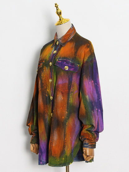 Fashion Denim Tie-Dyed Long Sleeves Buttoned Outerwear