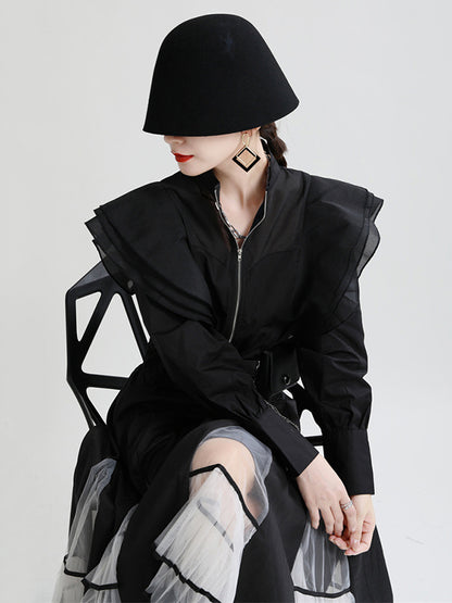 Stylish Solid Color Split-Joint Mesh Falbala Zipper Stand Collar Long Sleeves Outwear