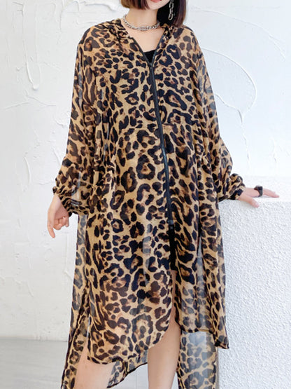 Original Leopard Zipper Split-Side Hooded Long Sleeves Sun-Protection Outerwear