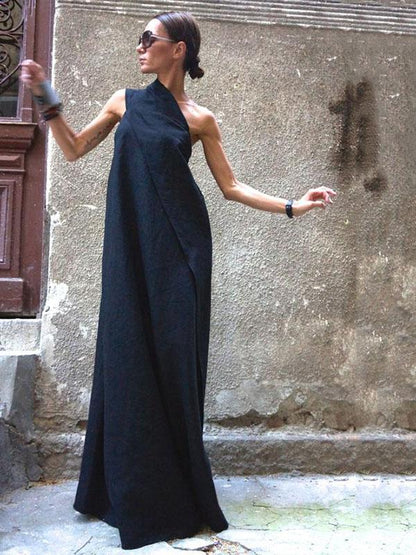 Navy Blue Split-joint Sleeveless Linen Dress