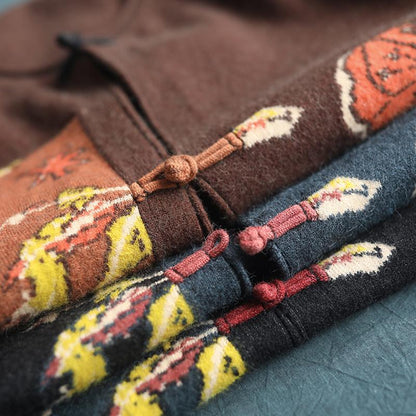 Buykud Printed Patchwork Single Breasted Knitted Coat