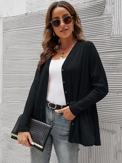 Casual 5 Colors Buttoned Falbala Pleated V-Neck Long Sleeves Outerwear