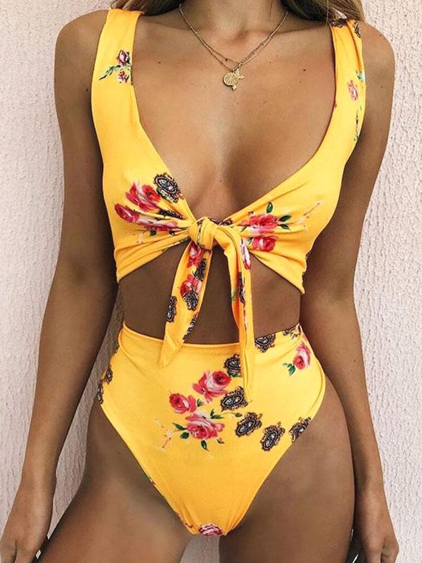 Knotting High Waist Printed Bikinis Swimwear