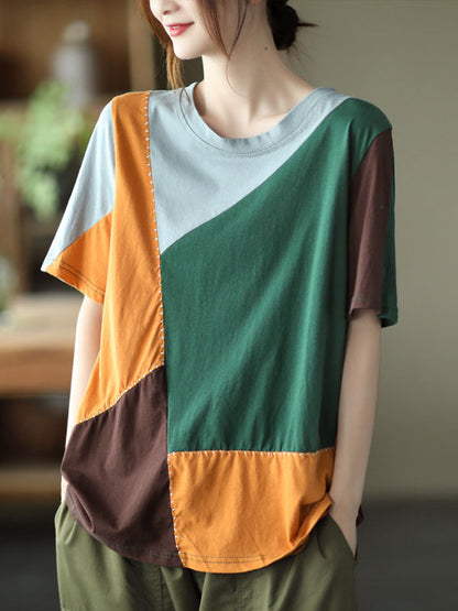 Cotton Blend Round-Neck Contrast Color T-Shirts Tops
