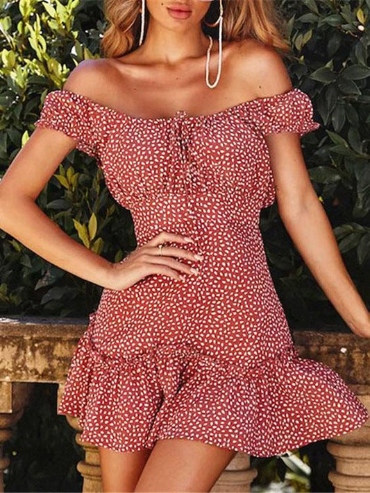 Off-the-shoulder Polka-Dot Ruffled Collar Mini Dresses