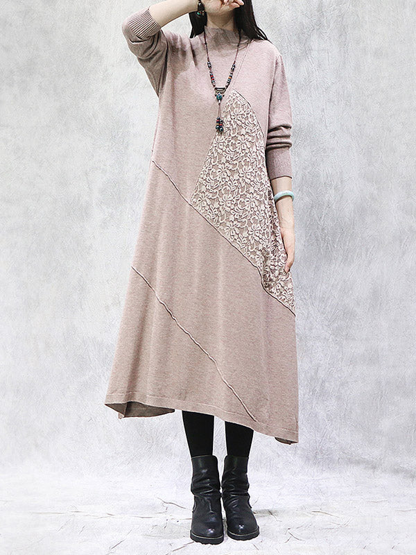 Artistic Retro Solid Color Split-Joint Embroidered High-Neck Long Sleeves Knitted Sweater Dress