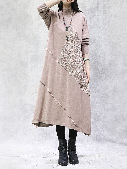 Artistic Retro Solid Color Split-Joint Embroidered High-Neck Long Sleeves Knitted Sweater Dress
