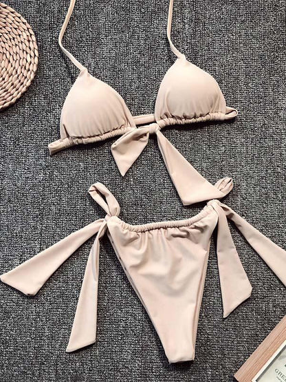 Triangle Top Ruched Plain Bikini Set