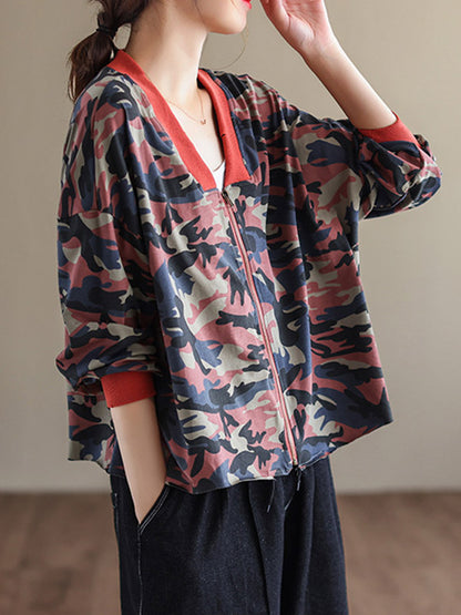Casual Zipper V-Neck Camouflage Printed Long Sleeves Outerwear