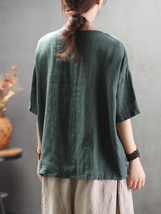 Vintage Embroidered Round-neck Solid T-shirt