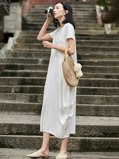 Loose White Split-joint Cropped Round-neck Long Dress