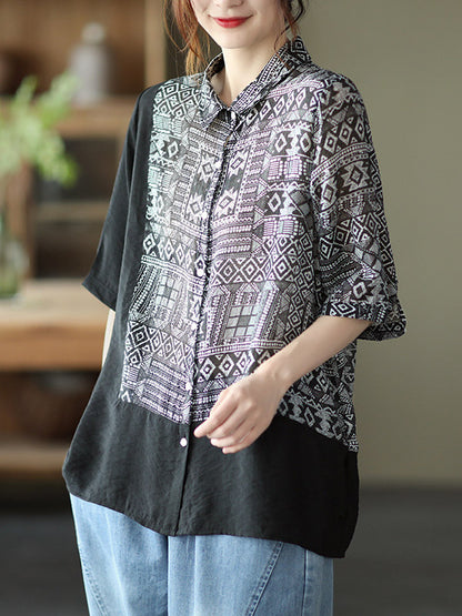 Original Printing Half Sleeve Lapel Blouse Tops