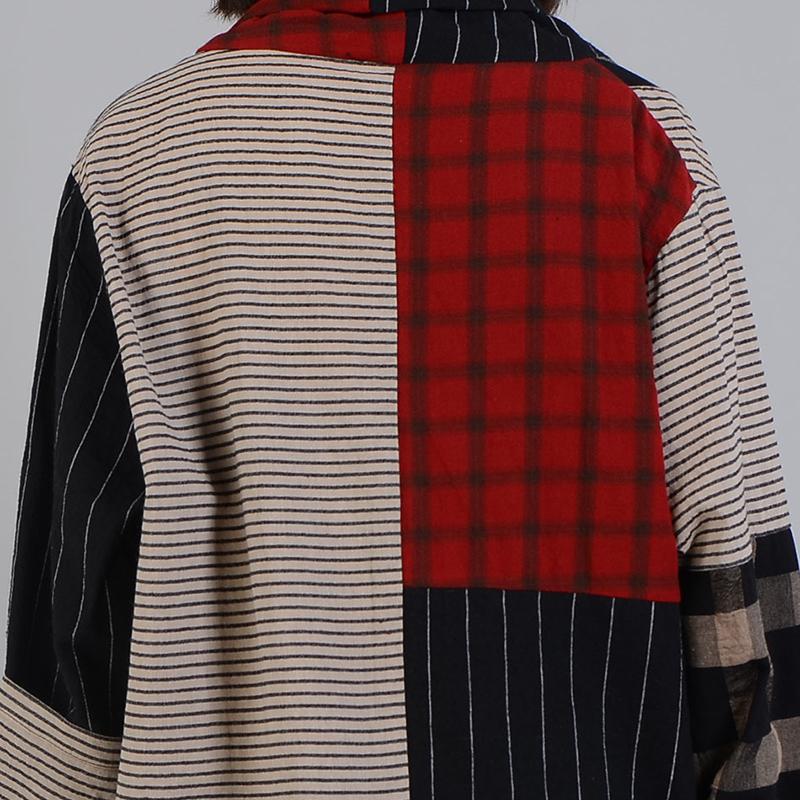 Buykud Stripe And Plaid Irregular Spliced Retro Loose Dress