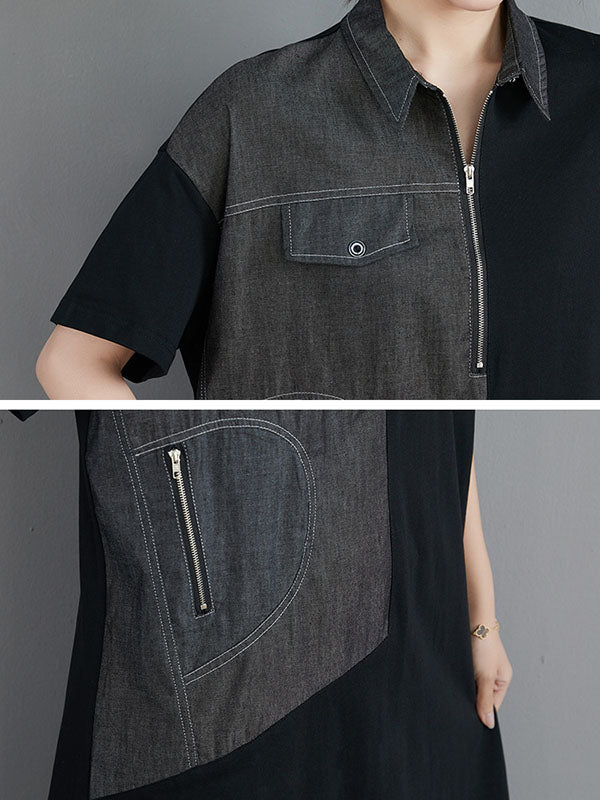 Casual Irregular Split-Joint Half Sleeves Lapel Collar Midi Shirt Dress
