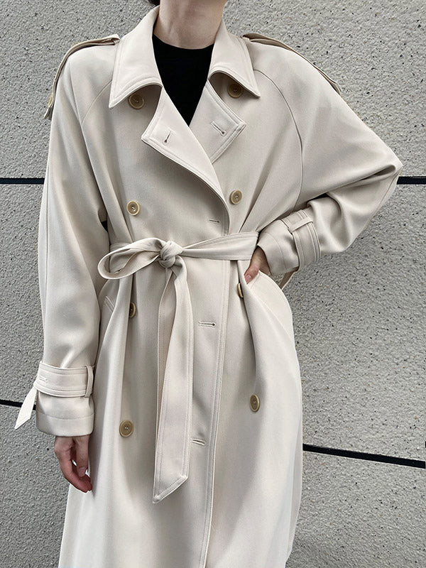 Chic Solid Color Buttoned Tied Notched Collar Long Sleeves Trench Coat