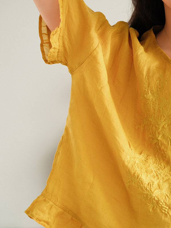 Ramie Cotton Embroidered Round-Neck T-Shirts Tops