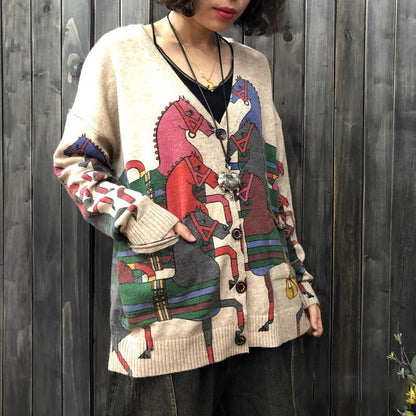 Buykud Cartoon Horse Printed V-neck Knitted Coat