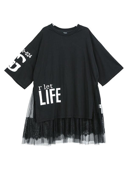 Mesh Asymmetric Printed Split-joint T-Shirt Dress