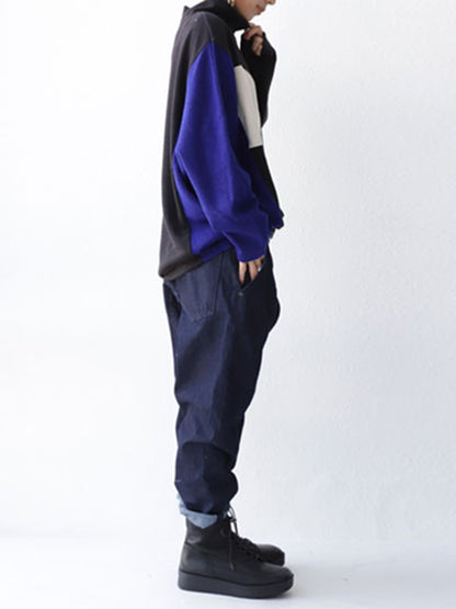Original Casual Loose Split-Joint Color Matching Polka-Dot High-Neck Long Sleeves T-Shirt Tops