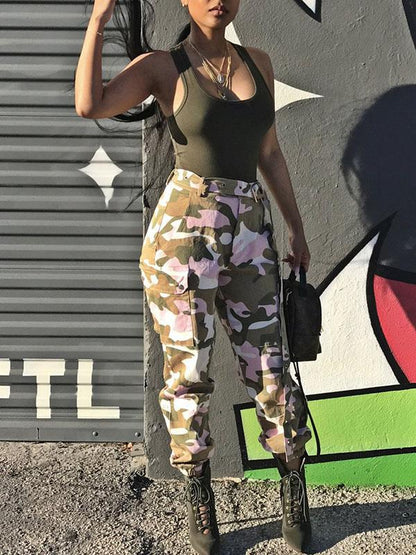 Plus Size Pink Camouflage Printed Track Pants
