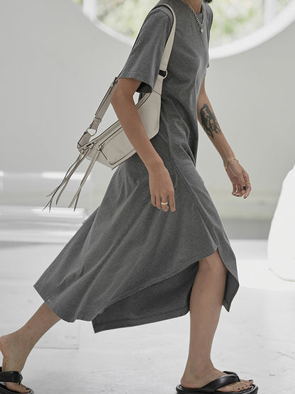 Urban Fashion Asymmetric H-Line Short Sleeves Midi Dress