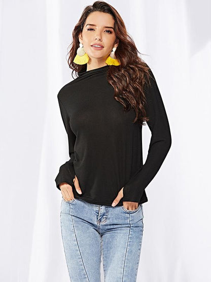 Solid Color Knitting Hight Collar T-shirt Top