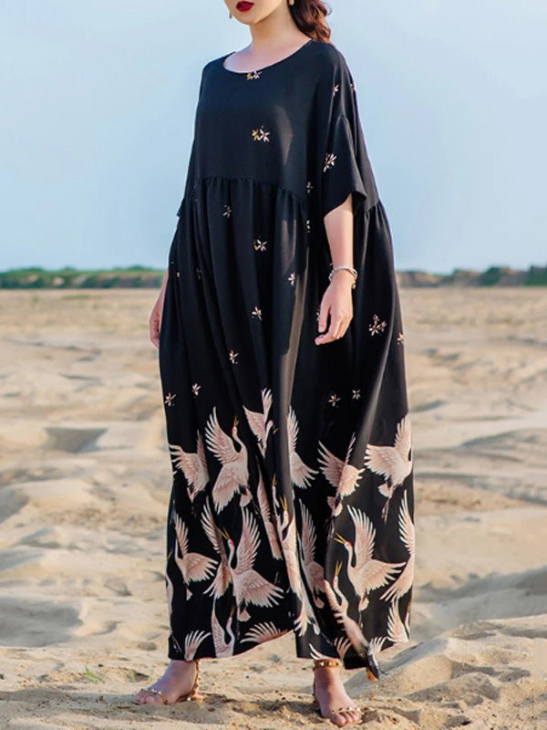 Stylish Crane Print Split-Joint Pleated Half Sleeves Maxi Dress