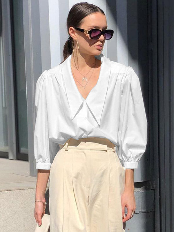 Urban Solid Color Split-Joint Pleated Lapel Collar Bishop Sleeves Shirt