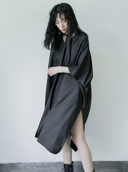 Simple Black Lace-up Batwing Sleeves Dress