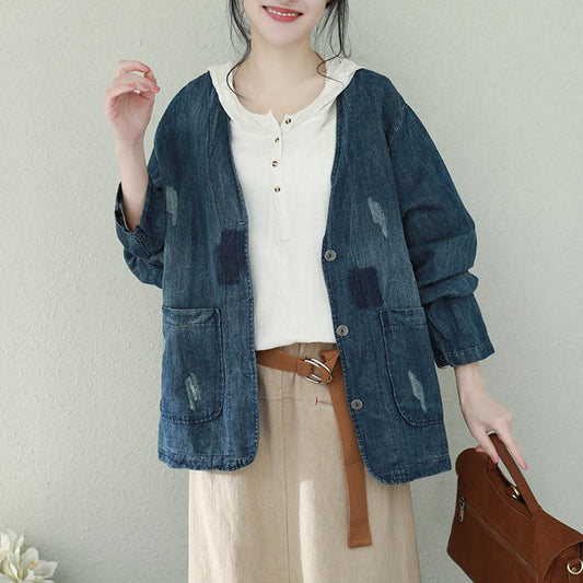 Buykud Solid Color Frayed V-Neck Denim Coat