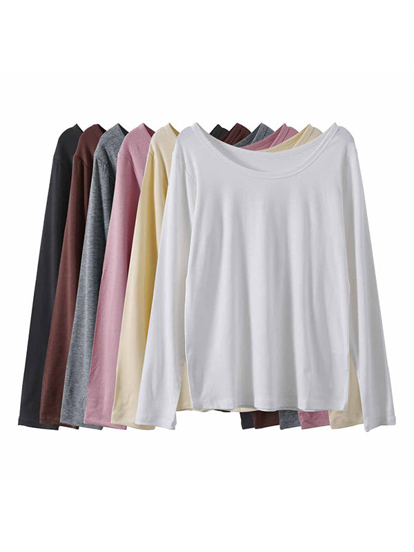 Casual Solid Color Long Sleeves Round-Neck T-Shirt Tops