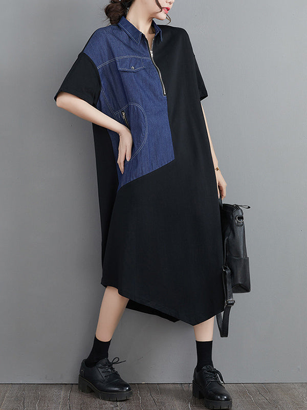 Casual Irregular Split-Joint Half Sleeves Lapel Collar Midi Shirt Dress