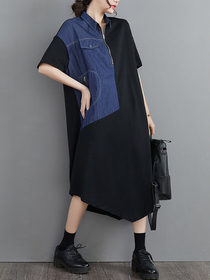 Casual Irregular Split-Joint Half Sleeves Lapel Collar Midi Shirt Dress