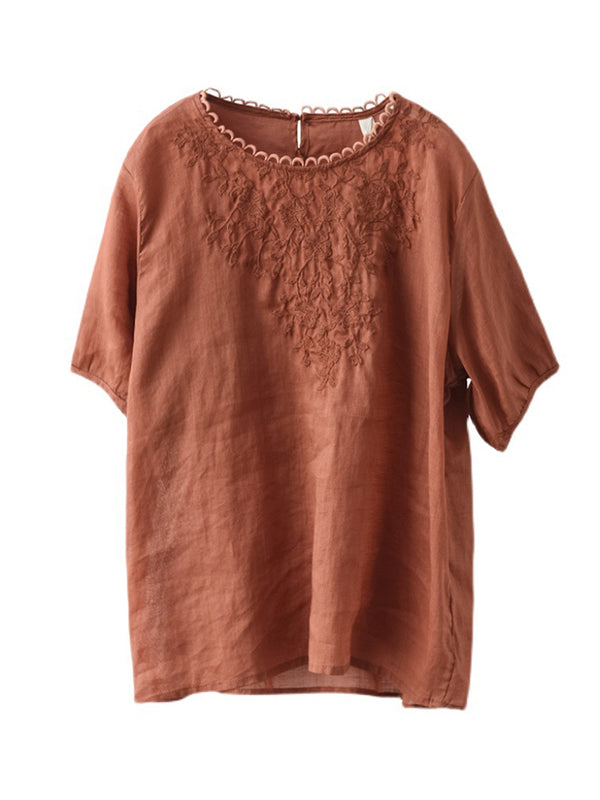 Artistic Retro Vintage Loose Ramie Cotton Embroidered T-Shirt Top