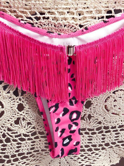 Strapless Tassels Leopard Print Bikini Swimsuit