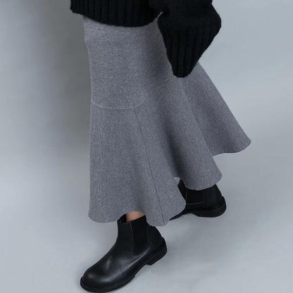 Elastic Waist Ruffles Winter Calf Length Skirt
