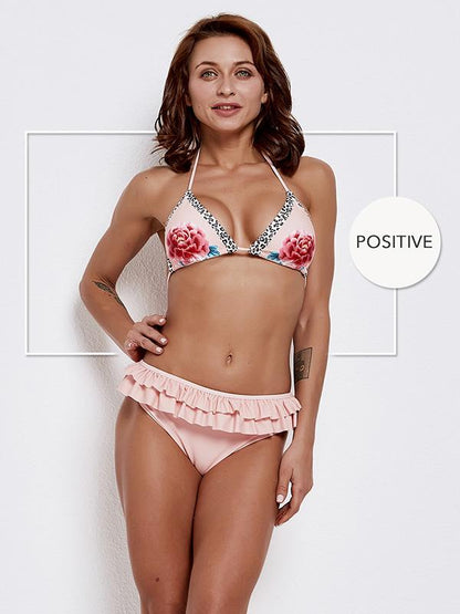 Pink Printed Falbala Bottom Bikinis Simwear