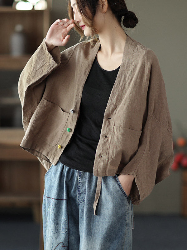 Casual V-Neck Linen Batwing Sleeves Outerwear
