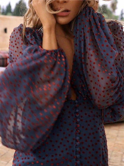 V-Neck Printed Wave Point Chiffon Mini Dress