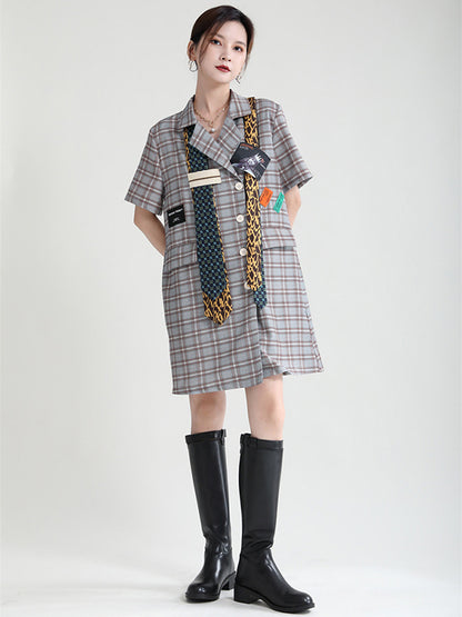 Urban Asymmetric Plaid Double Breasted Notched Collar Short Sleeves Mini Dress